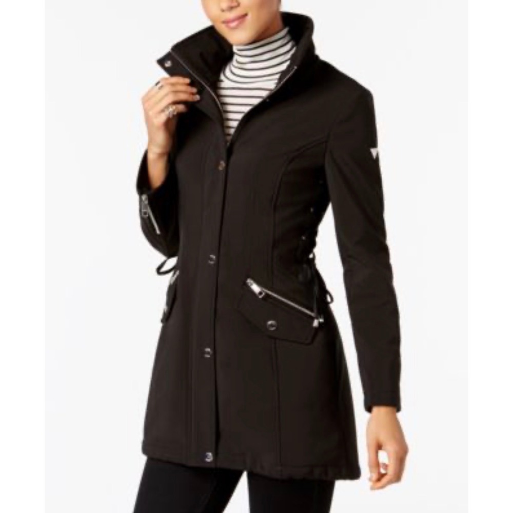 GUESS Womens Black Softshell Lace Up Side‎ Parka Jacket Coat with Funnel Neck
